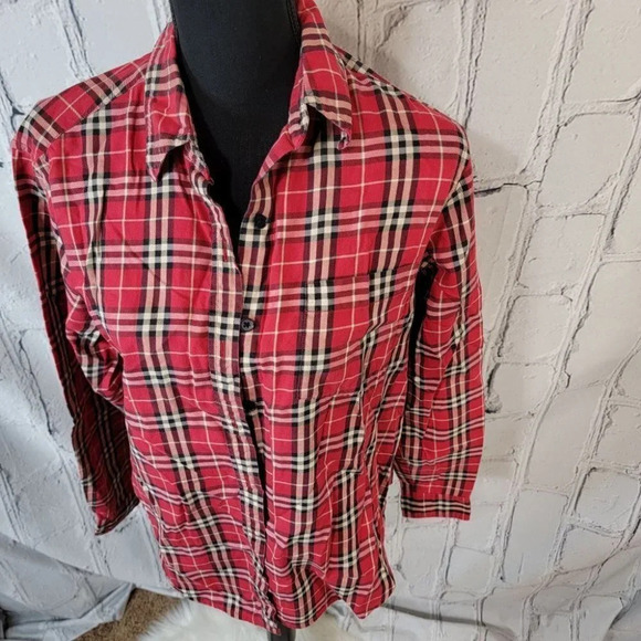 EVAN Picone red plaid Classic Button Down Blouse Relaxed Fit Womens Top - Picture 2 of 6